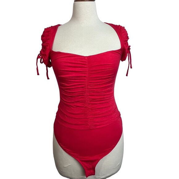 Lovers and Friends Jupiter Bodysuit Size S Red Square Neck Ruched Knit - Picture 2 of 16